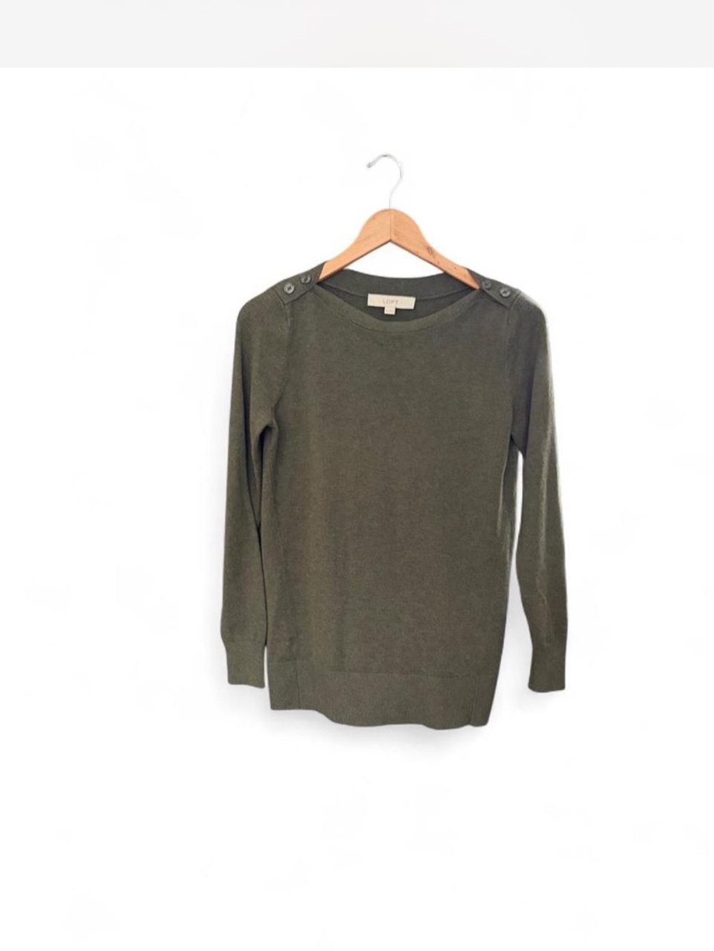 LOFT Olive Green Crewneck Sweater with Shoulder Buttons